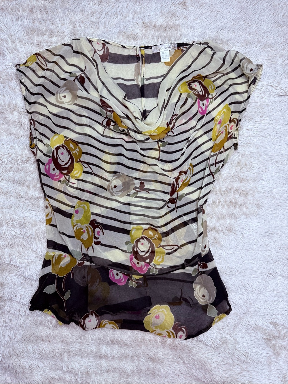 Vintage 100% Silk Sheer Floral Stripe Cowl Neck Blouse